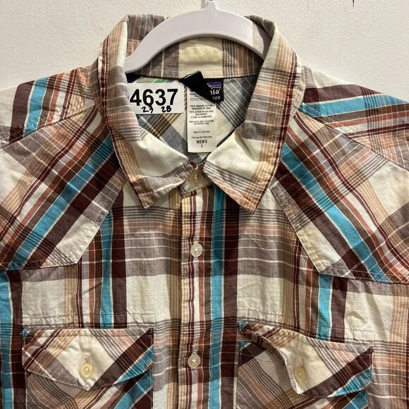 Patagonia Mens White Brown Shirt L Plaid Flannel Button Up Pockets Short Sleeve - Picture 7 of 13